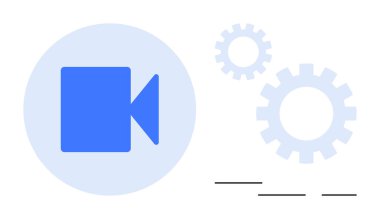 Arka planda vitesleri olan mavi video kamera simgesi teknolojiyi, otomasyonu, yeniliği ve iş akışı optimizasyonunu ön plana çıkarır. Medya üretimi, video teknolojisi, süreçler için ideal