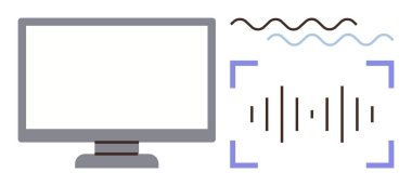 Bilgisayar monitörü sesle ilgili öğeler gösteriyor. Dalgalı çizgiler ve ses dalgaları ses kaydını, ses görüntülemesini, konuşma analizini vurgular. Teknoloji, multimedya, ses tasarımı ve müzik için ideal