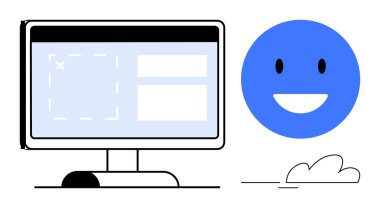 Masaüstü monitörü, gülümseyen mavi bir yüzü ve küçük bir bulutu olan basit bir UI düzenini gösteriyor. Teknoloji, kullanıcı deneyimi, web tasarımı, müşteri memnuniyeti, yenilik, pozitiflik için ideal, basit düz