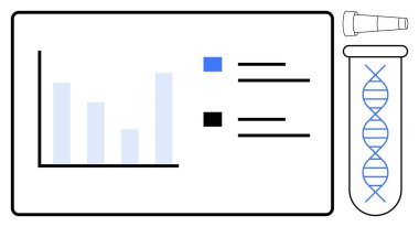 Çubuk çizelgesi ve veri görselleştirmesi, DNA sarmalı içeren test tüpünün yanında renk efsanesiyle birlikte. Veri bilimi, sağlık, genetik, biyoteknoloji, bilimsel analiz, yenilik, basit yassı