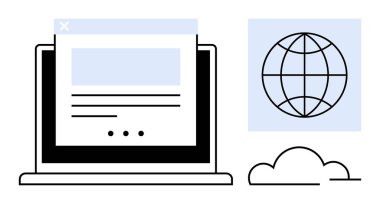 Bir web sayfası, dünya çapındaki bağlantıyı temsil eden dünya ikonu ve bir bulut gösteren bir dizüstü bilgisayar aç. Teknoloji, internet, küresel işletme, ağ, eğitim, uzaktan çalışma ve dijital için ideal