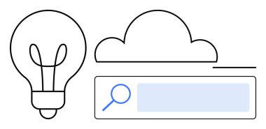 Fikirleri sembolize eden ampul, veri depolama için bulut ve keşif için arama çubuğu. Yenilik için ideal, teknoloji, dijital çözümler, beyin fırtınası, online arama, bulut hesaplama basit iniş
