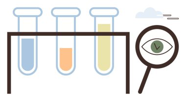 Askıda renkli sıvılar bulunan test tüpleri, gözlemi vurgulayan bir göz sembolü olan büyüteç ve minimum bulut. Araştırma, yenilik, analiz, deney, keşif için ideal