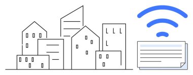 Mavi kablosuz sinyali ve dijital veri kartı olan şehir binaları. Akıllı şehir, bağlantı, teknoloji, veri paylaşımı, iletişim, ağ sistemleri, yenilik temaları için idealdir. Basit düz metafor