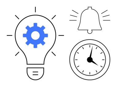İçinde ekipman olan ampul, zil ve analog saat. Yenilik için ideal, verimlilik, hatırlatıcılar, verimlilik, acil zaman izleme ve planlama için. Net ve basit düz metafor