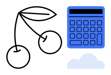 Mavi hesap makinesi, yaprakla çizilmiş kiraz çifti ve yumuşak bulut doğal ve mantıklı elementleri harmanlıyor. Yenilik, üretkenlik, yaratıcılık, karşıtlık, denge fikirleri ve bütünleşme için idealdir. Düz