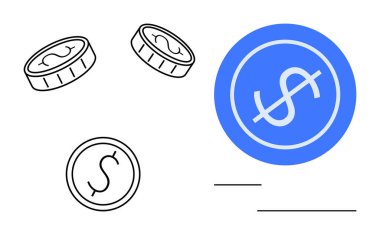 Asgari madeni paralar ve cesur bir dolar işareti para, finans, e-ticaret, zenginlik yaratma, tasarruf, ödeme sistemleri ve yatırımı vurguluyor. Finansal planlama, dijital ticaret ve basit bir daire için ideal