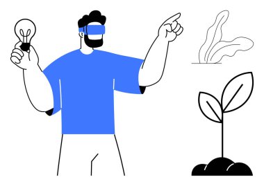 Elinde ampul tutan ve büyüyen bitkileri gösteren VR kulaklıklı biri. Yenilik için ideal, sürdürülebilirlik, teknoloji, yaratıcılık, tarım, gelecek fikirleri, eğitim için. Basit düz