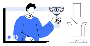 Videodaki kişi elinde bir kupa, yanında da indirme kutusu ve oku olan birini arıyor. Takım çalışması için ideal, uzaktan başarı, ödüller, başarı, çevrimiçi etkinlikler, kariyer büyümesi, basit düz metafor