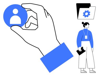 El ele tutuşan kullanıcı profili simgesi, kimlik kartı tutan iş adamı, dişli dosya klasörü. İşe alım, insan kaynakları, kariyer yönetimi, takım çalışması, profil oluşturma, organizasyon için ideal