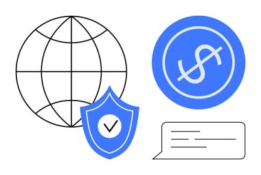 Dünya çizgisi, işaretli kalkan, daire şeklinde dolar işareti ve mesaj baloncuğu. Finans, siber güvenlik, doğrulama, ekonomi, çevrimiçi işlemler iletişim ve küresel bağlantı için ideal