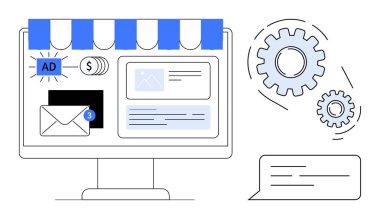 Bilgisayar ekranı çevrimiçi mağaza önü, e-posta bildirimi, reklamlar, mesajlar ve otomasyon vitesleri görüntüler. E-ticaret, dijital reklam, web optimizasyonu, çevrimiçi pazarlama teknolojisi için ideal