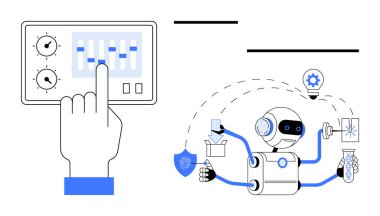 Robot güvenlik, posta, yaratıcılık ve testleri onaylarken el kontrol paneli. Otomasyon, robot bilimi, yapay zeka, kontrol sistemleri, çoklu görev yeniliği için ideal basit düz