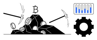 Kazmalı kayalardan Bitcoin paraları, Bitcoin sembolü, dişli ve performans çizelgesi çıkarıyoruz. Kripto para birimi, engelleme zinciri, madencilik, veri, teknoloji finansmanı için ideal basit iniş sayfası