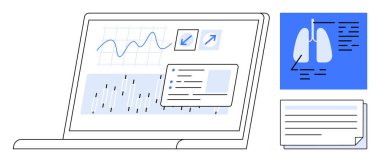 Analizleri grafik ve notlarla gösteren dizüstü bilgisayar. Akciğer diyagramı ve tıbbi belge yanında gösteriliyor. Sağlık, araştırma, teknoloji, yenilik, veri, teşhis için ideal