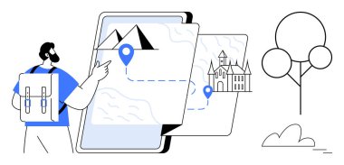 Sırt çantası, dağ ve kale arasındaki haritalı rotayı gösteren tabletle etkileşim halinde. Manzara elementleri ağaçlar ve bulutları içerir. Seyahat, seyrüsefer, turizm, keşif, macera için ideal