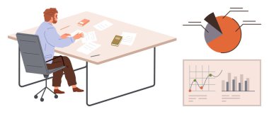 Masada oturan adam, kitaplar, pasta grafiği ve bar grafiği ile çevrili kağıtları inceliyor. İş, analitik, finans, veri görselleştirme, iş verimliliği pazar analizi için idealdir. Basit düz
