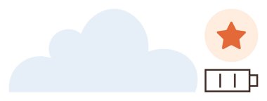 Açık mavi bulut, yanında düşük batarya simgesi ve turuncu yıldız rozeti. Teknoloji, bulut depolama, enerji, sürdürülebilirlik, veri yedekleme, dijital yenilik, verimlilik kavramları için idealdir. Basit düz