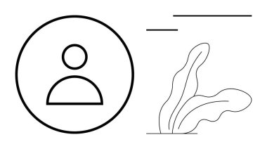 Soyut bitki silueti ve minimum geometrik çizgilerin yanında dairesel kullanıcı profili simgesi. Kimlik için ideal, çevrimiçi varlık, kendini ifade, modernlik, basitlik, estetik, düz metafor