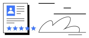 Minimalist, soyut bulut şekilleri ile birlikte beş yıldızlı bir sınıflandırma gösteren fotoğraf ve yıldızlı profil belgesi. Geri bildirim, değerlendirme, kalite, güven, müşteri memnuniyeti için ideal