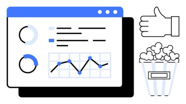Grafikleri, grafikleri ve ölçümleri olan analitik gösterge paneli, baş parmak hareketi ve patlamış mısır kovası. Veri analizi, eğlence eğilimleri, geri bildirim anlayışı, medya gözden geçirme ve görsel görüş için ideal