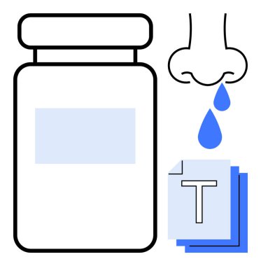 Kağıt işlerinin yanında ilaç şişesi, sağlık, tedavi, alerji ve mevsimsel bakımı vurgulayan damlacıklı burun. Sağlık, eczane, sağlık ve alerji desteği için ideal
