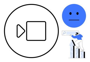 Video simgesi, nötr yüz hissi ve veri çubuğunun üstündeki grafikleri analiz eden kişi. Teknoloji, iletişim, analitik, problem çözme, online araçlar için ideal duygu gelişimi. Basit düz metafor