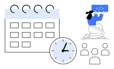 Takvim, saat, kodlama işareti tutan kişi ve dört kişilik grup vurgulama, takım çalışması, kodlama, verimlilik, organizasyon, zaman yönetimi basit iniş sayfası