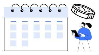 Spiral takvim, bozuk para yığını, tablet planlama işi olan kişi. Zaman yönetimi, finansal planlama, hedef izleme, üretkenlik, organizasyon, takım çalışması için ideal basit iniş sayfası