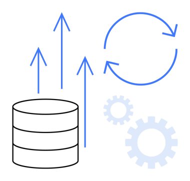 Veritabanı simgesi yukarı doğru ok ve dairesel hareketlere bağlı olarak büyüme, yenilik, optimizasyon ve dönüşümü sembolize ediyor. Analiz, büyüme stratejisi ve dijital yenilik için ideal