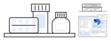 İlaç şişeleri, raflarda su toplaması, kitap yığını ve çizelgeli analitik. Sağlık, eczane perakende, araştırma, e-ticaret, veri analizi tıbbi pazarlama ve basit bir iniş için ideal