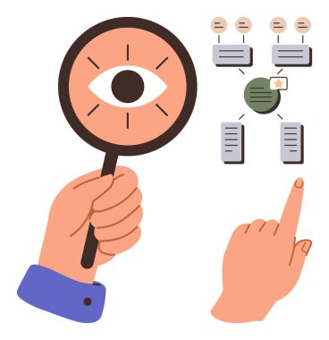 Gözle büyüteçle el ele tutuşmak ve akış şemasını düğümler ve kutularla göstermek. Analiz, odaklanma, netlik, veri örgütü, karar verme, teftiş, araştırma için ideal. Basit.