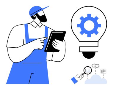 Üniformalı işçi elinde bir tablet lambası, büyüteç ve bulut vurgusu yeniliği, problem çözme, planlama, veri analizi, teknoloji, takım çalışması stratejisi tutuyor. Mühendislik için ideal