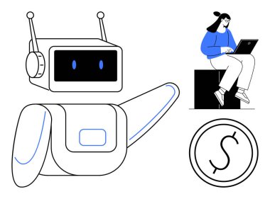 Dost canlısı robot sallaması, dizüstü bilgisayarda çalışan kadın, madeni parayı sembolize eden para. Teknoloji için ideal, yapay zeka yardımı, iş üretkenliği, çevrimiçi iş, finansal planlama, yenilik sade daire