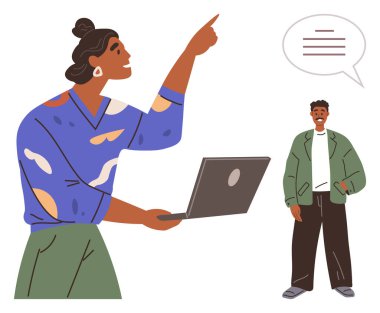 Elinde dizüstü bilgisayarı olan bir kadın ayakta duran bir adamla konuşurken yukarı doğru bakıyor ve fikirleri dile getiriyor. Takım çalışması, iletişim, tartışma, işbirliği, beyin fırtınası, eğitim sunumları için ideal