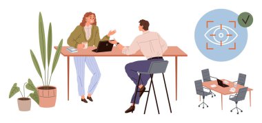 İki meslektaş laptoplar, kahve ve bitkilerle ortak bir masada ofis kurulumu ve hedef grafiğinin yanında ortak bir çalışma masasında tartışırlar. İşbirliği, strateji, takım çalışması ve ofis için ideal