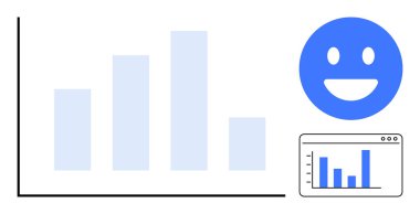 Düşen eğilimli bar tablosu, gülümseyen mavi yüz ve küçük analitik pencere. Analiz, iş büyümesi, veri görselleştirme, başarı öyküleri, performans izleme, geri bildirim ve basit