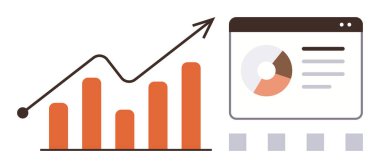 Yukarı doğru eğilimli turuncu çizgili grafik, pasta grafiği raporu ve analitik gösterge paneli. İş, finans, büyüme, verimlilik, pazarlama raporu ve strateji için idealdir. Basit düz metafor