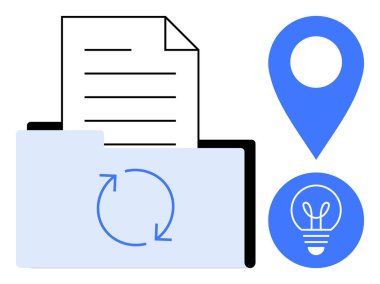 Dosya dizinini eşzamanlama simgesi, yakındaki mavi konum iğnesi ve ampul simgesiyle aç. Organizasyon, fikirler, depolama, navigasyon, teknoloji, üretkenlik, basit iniş sayfası için ideal