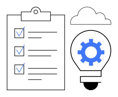 İşaretli görevleri olan kontrol listesi, içinde yeniliği sembolize eden bir donanım bulunan bir ampul ve bir bulut. Üretkenlik, planlama, bulut teknolojisi, yenilik, takım çalışması, hedef belirleme organizasyonu için ideal