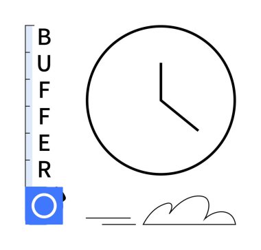 Tampon ilerleme çubuğunun ve bulut elemanının yanındaki analog saat etkili zaman yönetimi, planlama, üretkenlik öneriyor. Çalışma akışı, takvim, verimlilik, denge, mühlet, hedef belirleme için ideal
