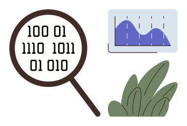 İkili kod üzerine odaklanan büyüteç, dalgalı grafiği olan bir veri analiz çizelgesi ve yeşil yapraklar. Veri analizi, kodlama, araştırma, teknoloji, doğa, eğitim için ideal basit düz metafor