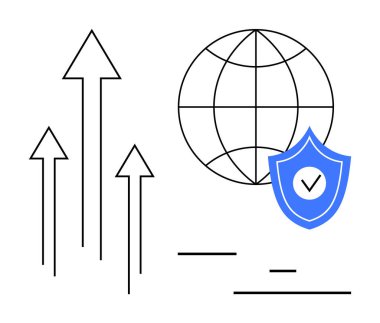Oklar, üzerinde kontrol işareti olan bir kalkanla kürenin yukarısına bakıyor. Büyüme, ilerleme, güvenlik, küresel işletme, siber güvenlik, teknoloji ve basit bir iniş sayfası için ideal