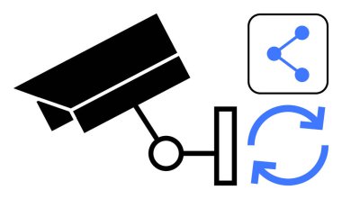 Ağ oluşturma ve ikonları yenileme ile siyah güvenlik kamerası veri paylaşımını, bağlantıyı ve güncellemeleri sembolize ediyor. Teknoloji, güvenlik, gizlilik, otomasyon, veri yönetimi için ideal basit