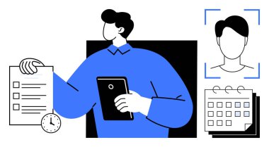 Bir saat, kullanıcı profili ve takvimin yanında bir tablet ve kontrol listesi tutan kişi. Üretkenlik, organizasyon, dijital araçlar, zaman yönetimi, planlama, iş akışı için ideal basit düz metafor