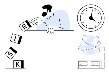 Düşen riskleri önlemek için profesyonel strateji, zamanı simgeleyen bir saat, küresel ağ bağlantıları ve bir veritabanı sistemi. Risk yönetimi, strateji planlaması, veri koruması ve zaman için ideal