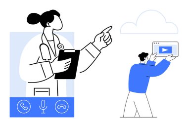 Video ekranında işaret eden doktor arayüzcü adam video dosyasını bulut ile paylaşıyor. Telehealth, communication, collaboration, education, technology, media share, simple landing page