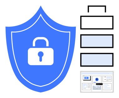 Kilit sembollü mavi kalkan korunmayı temsil ediyor. Yakın istiflenmiş dikdörtgenler veri katmanlarını sembolize eder ve dijital bir gösterge paneli de analiz ve yönetimi anımsatır. Siber güvenlik ve veri koruması için ideal