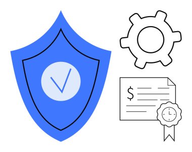 İşaretli mavi kalkan, teçhizat ve tasdikli belge ikonu koruma, güven ve operasyonel verimliliği görselleştiriyor. Güvenlik, güvenilirlik, itimatname ve güvenlik kalitesi için ideal