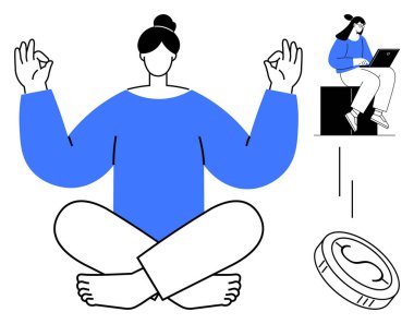 Yoga pozunda meditasyon yapan bir kadın, dizüstü bilgisayarda çalışan başka bir kadın ve finansal odak noktasını temsil eden bir para. Farkındalık, stres atma, denge, üretkenlik, finans, refah için idealdir.